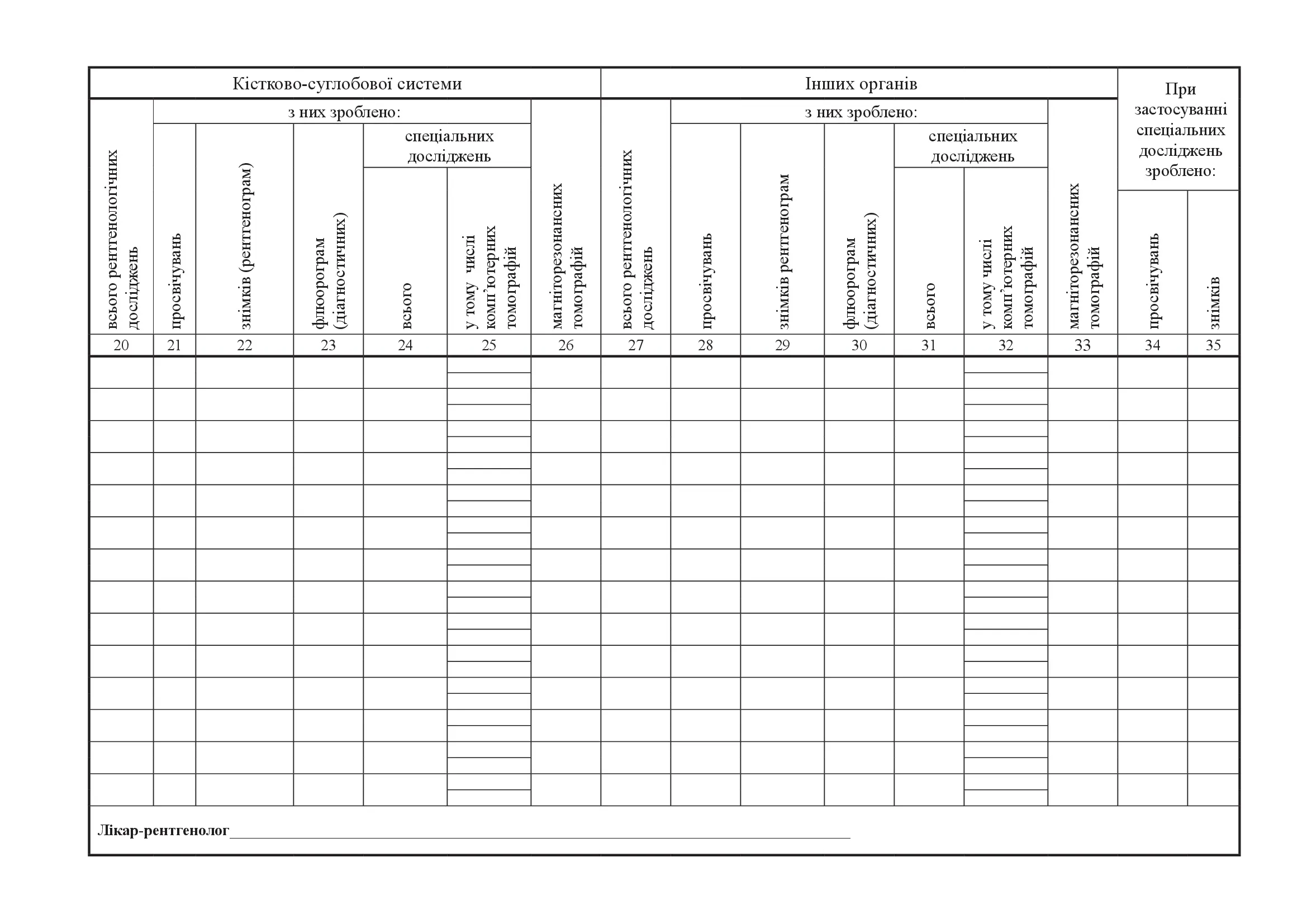 Щоденник обліку роботи рентгенодіагностичного відділення (кабінету), форма 039-5/о. Автор — Міністерство охорони здоров'я України. 