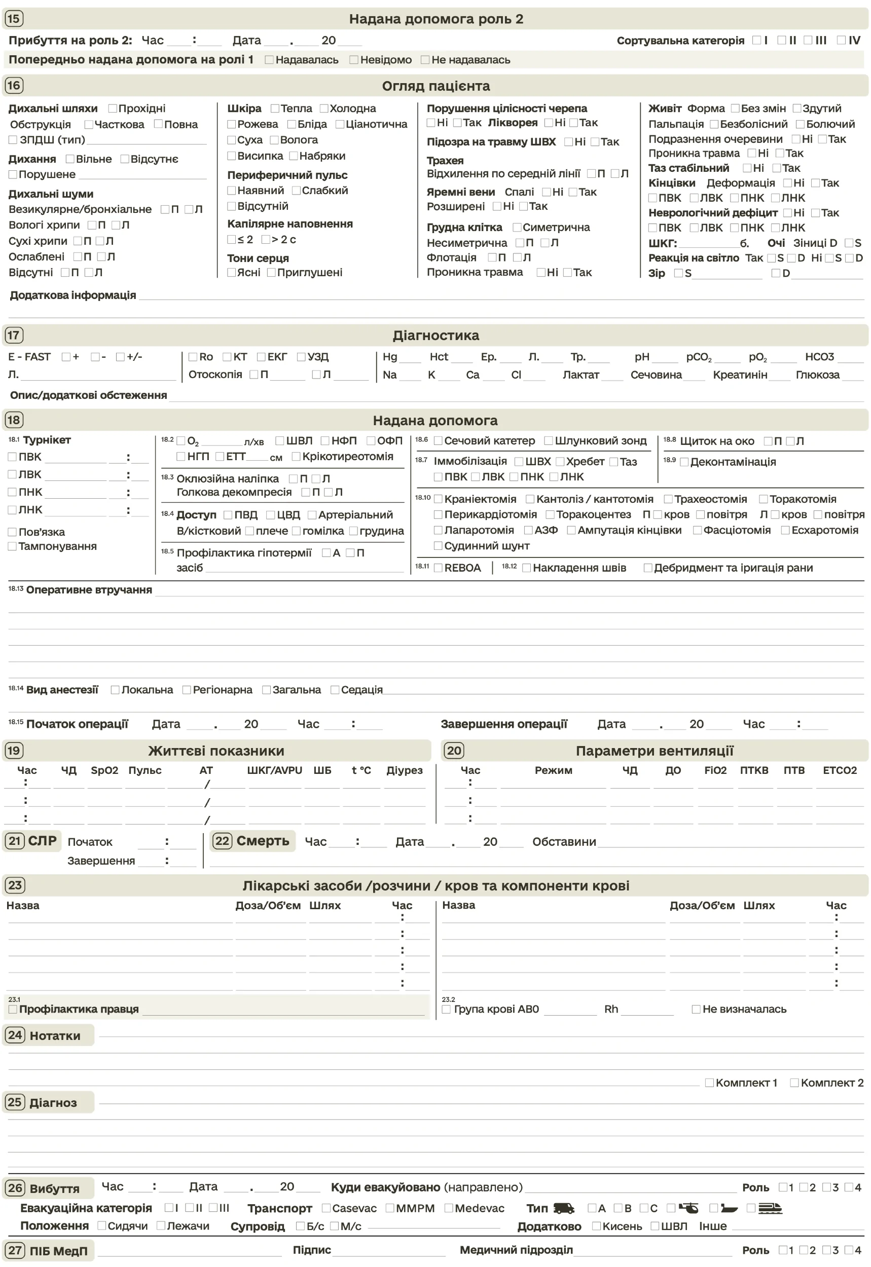 Первинна медична картка, форма 100 та 100/о (Первинна невідкладна допомога). Автор — Генеральний штаб ЗСУ. 