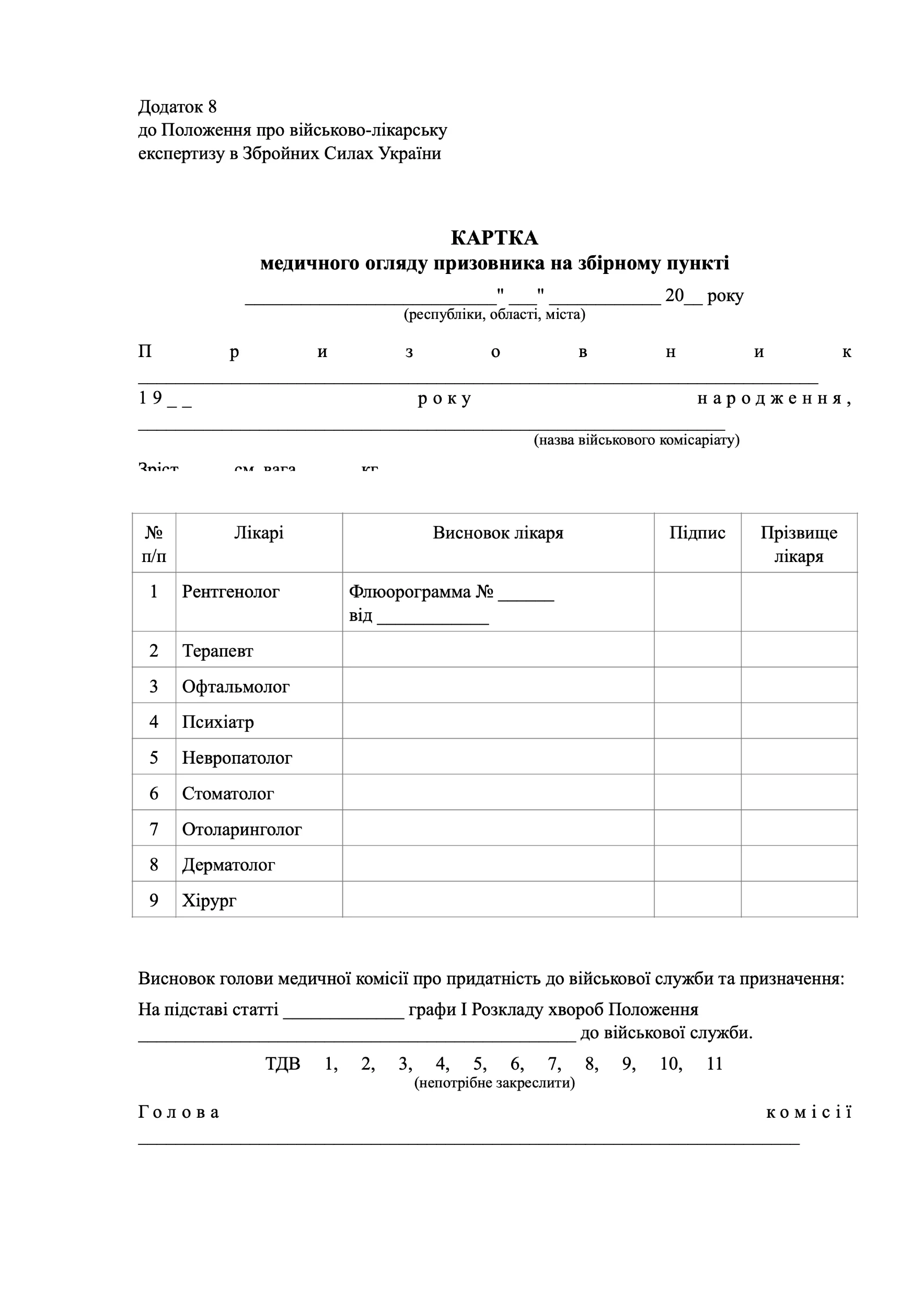 Картка медичного огляду призовника на збірному пункті, додаток 8. Автор — Міністерство оборони України. 