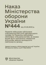 Наказ МОУ №444 — Перелік військово-облікових спеціальностей осіб офіцерського складу та Перелік військово-облікових спеціальностей, за якими може бути присвоєно первинне військове звання молодшого лейтенанта запасу