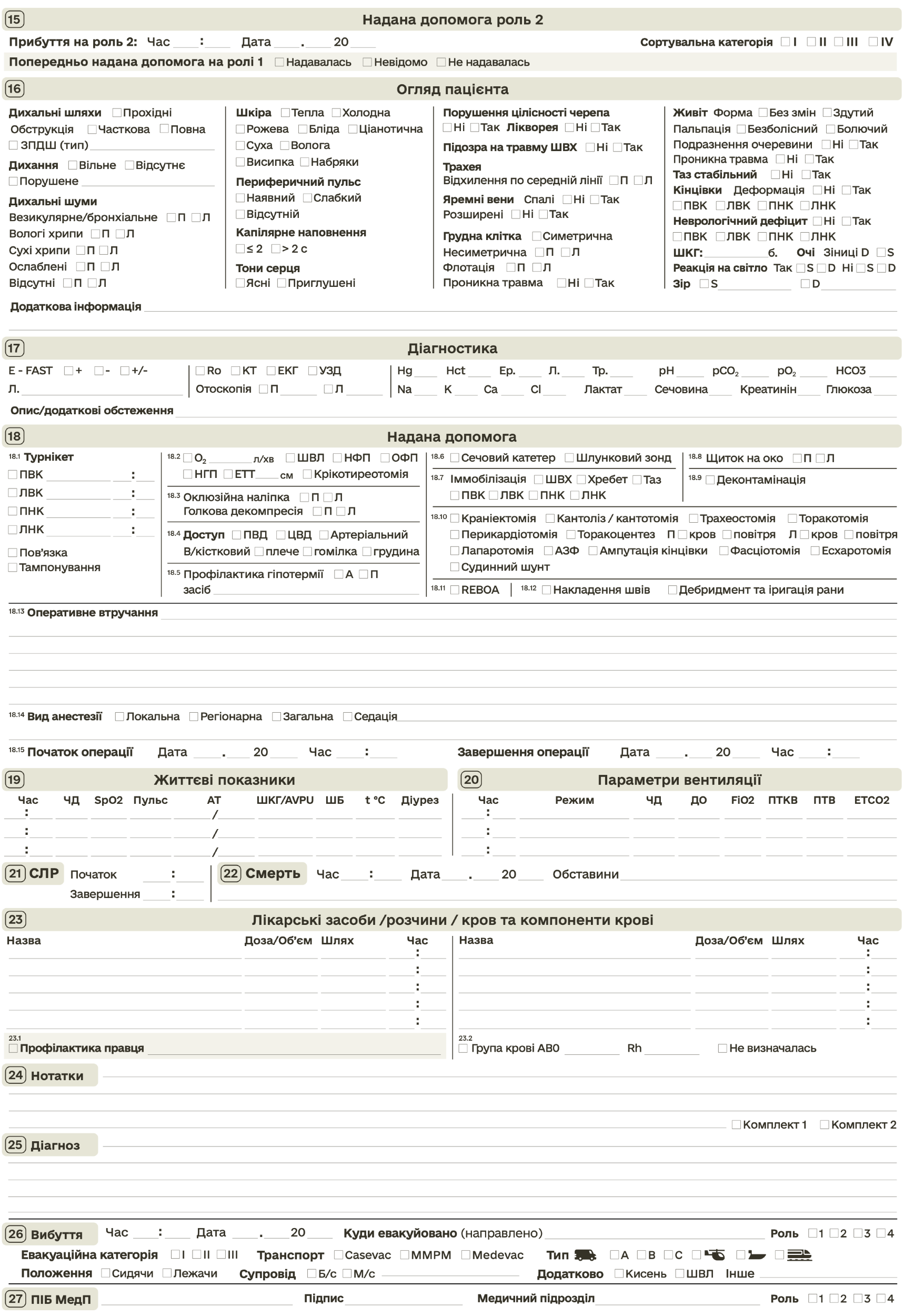 Первинна медична картка, форма 100 та 100/о (Первинна невідкладна допомога). Автор — Генеральний штаб ЗСУ. 
