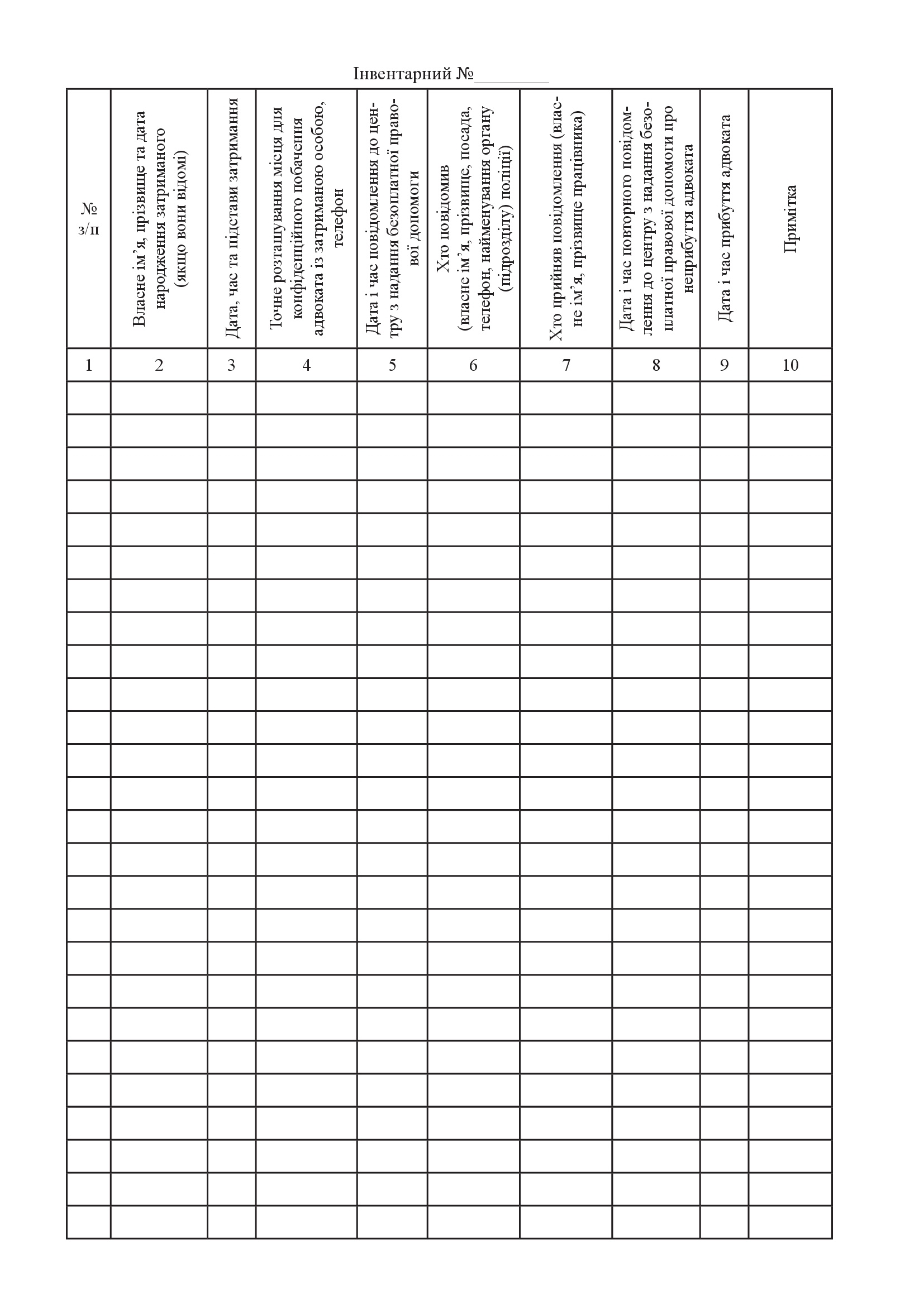 Журнал інформування центрів з надання безоплатної вторинної правової допомоги затриманим
