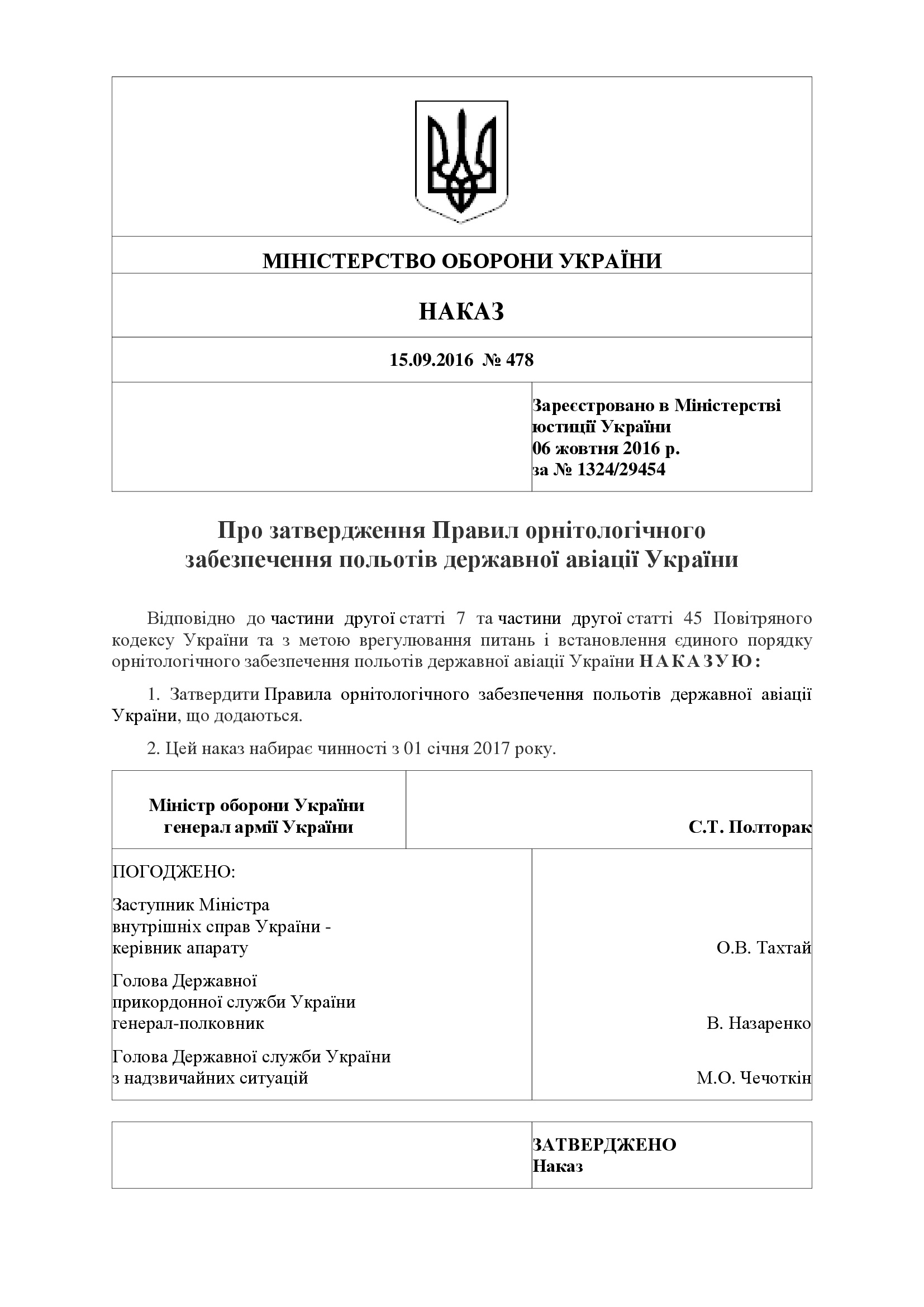 Наказ МОУ № 478 - Правила орнітологічного забезпечення польотів державної авіації України