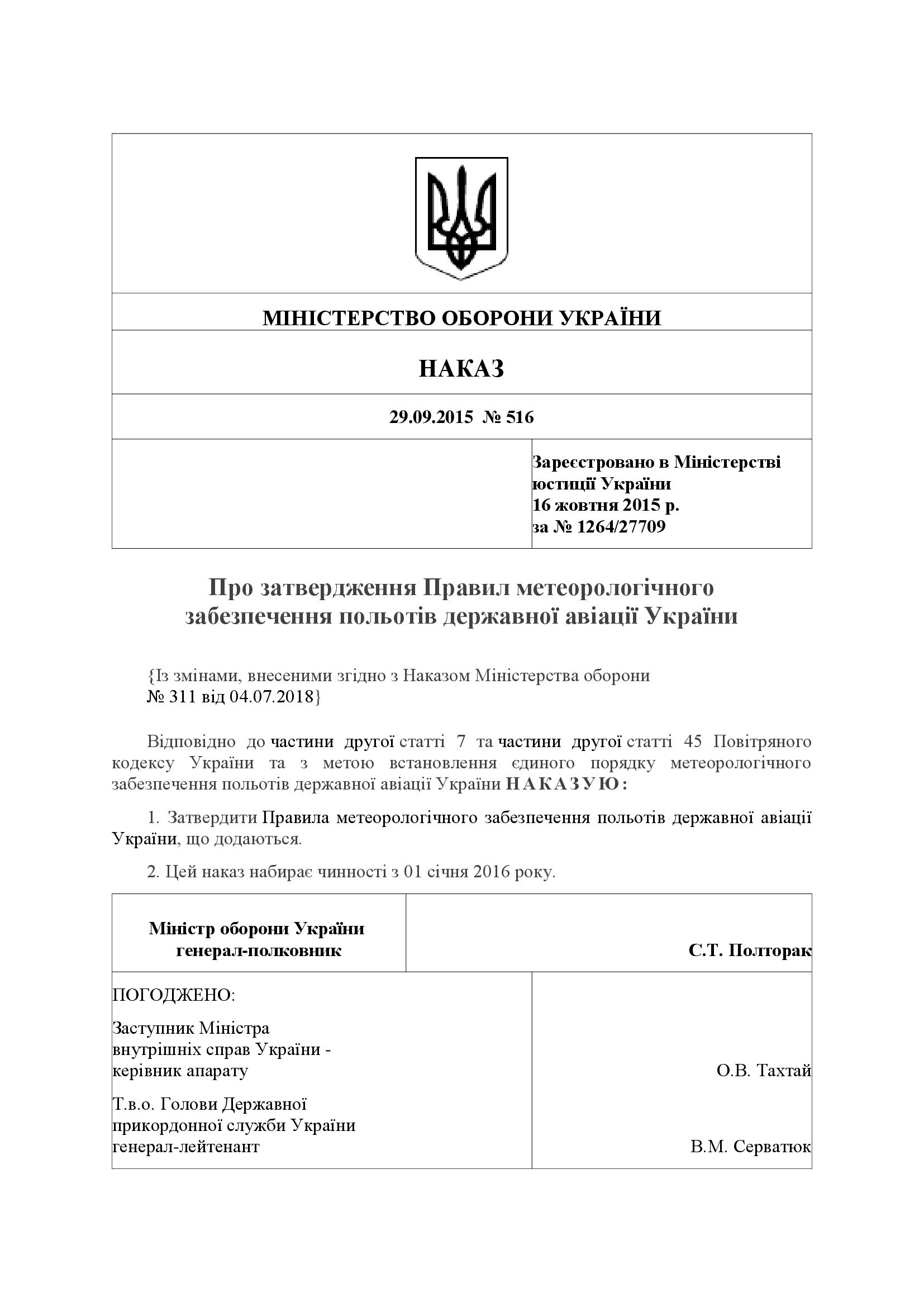 Наказ МОУ № 516 — Правила метеорологічного забезпечення польотів державної авіації України