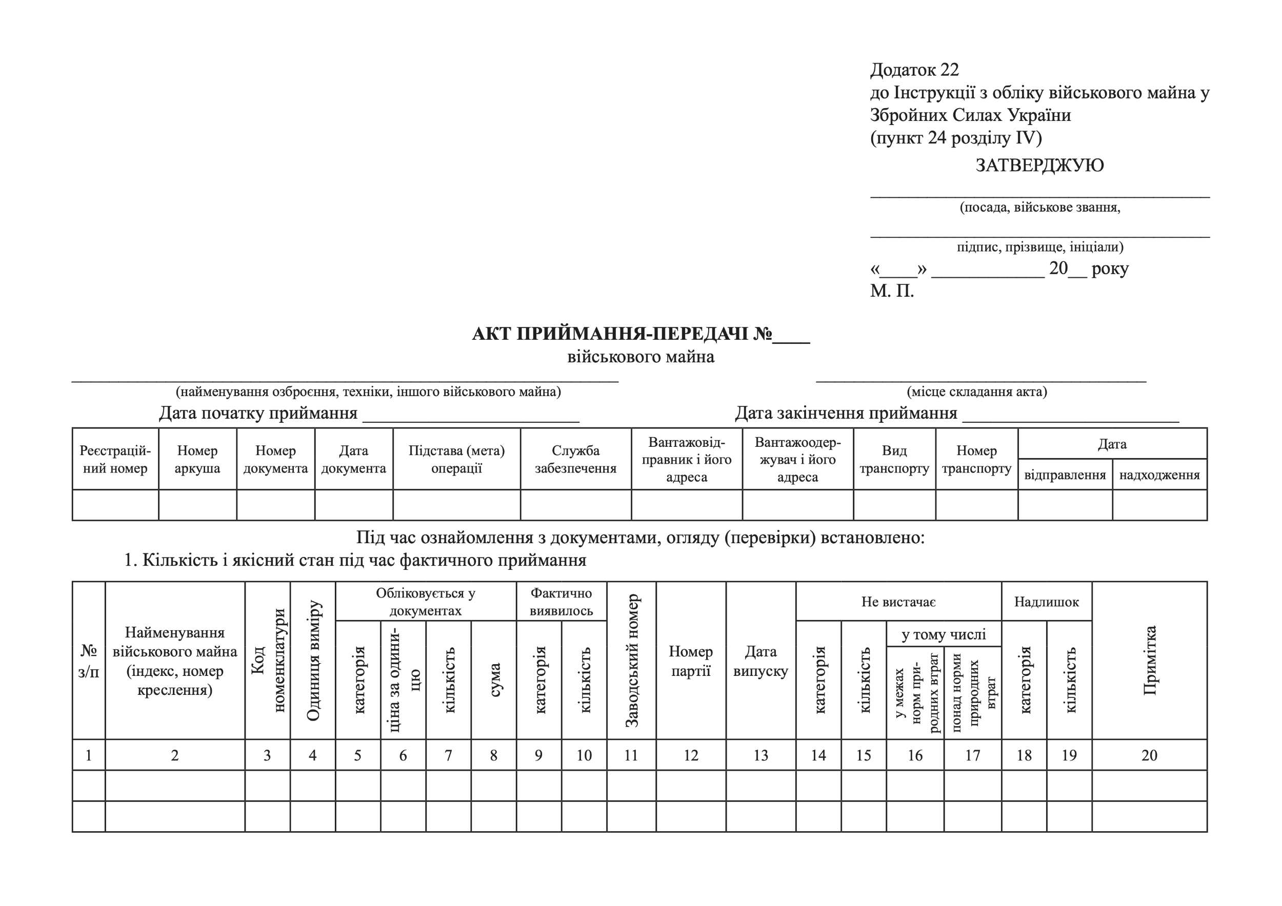 АКТ приймання-передачі військового майна, додаток 22