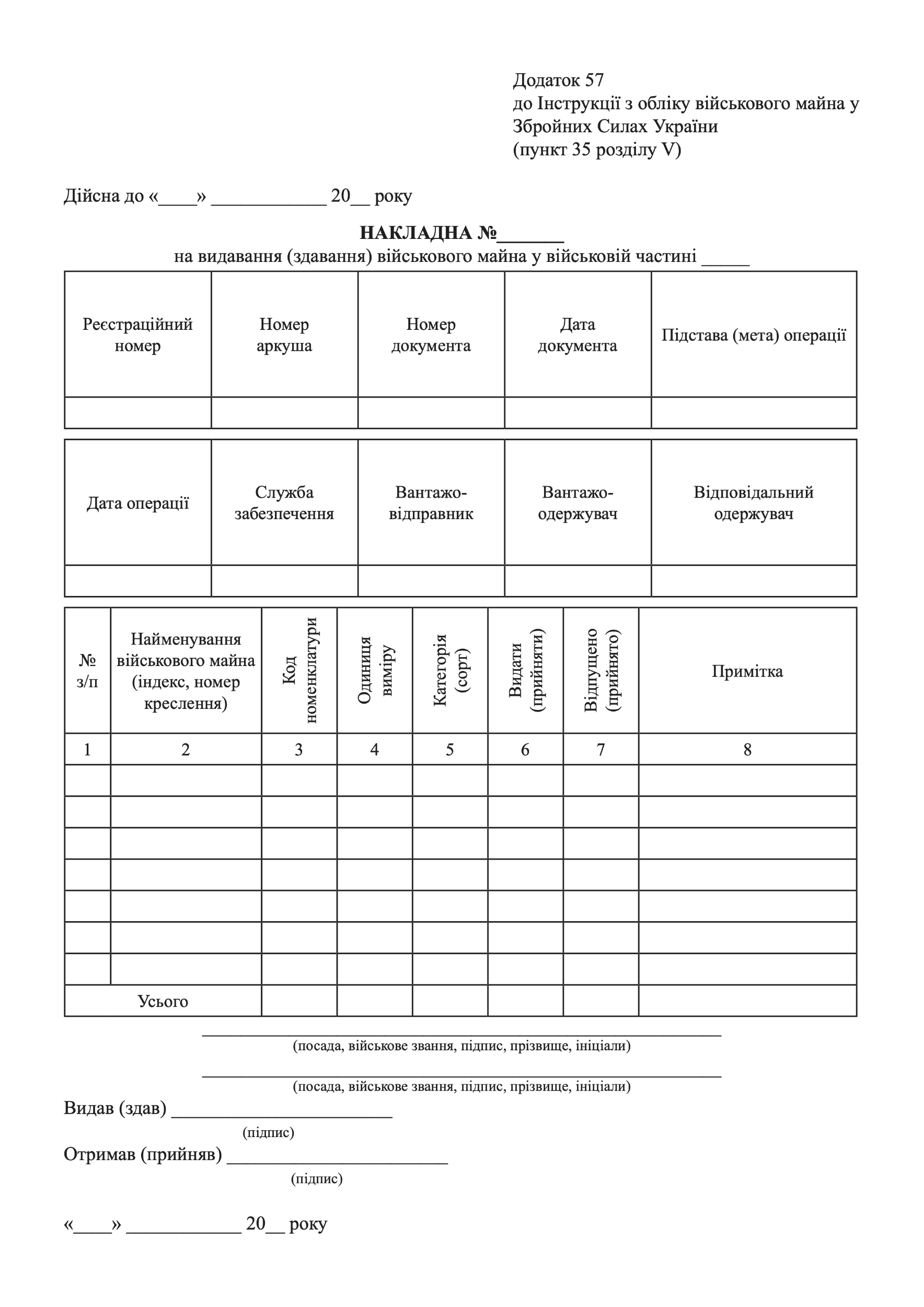 НАКЛАДНА на видавання (здавання) військового майна у військовій частин, додаток 57